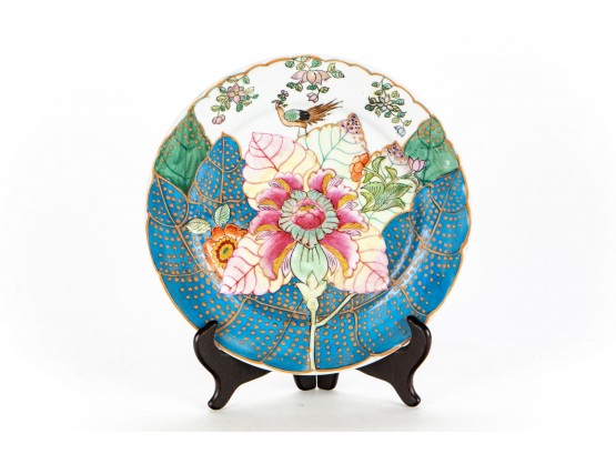Chinese Porcelain Plate With Floral And Bird Design On Display Stand