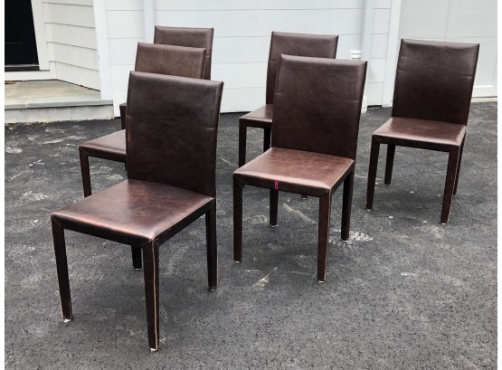 Set Of 6 Brown Leather Dining Chairs