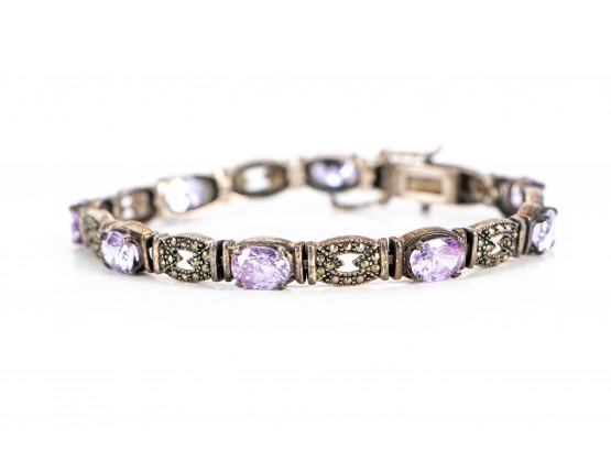 Sterling Silver, Marcasite And Pale Amethyst Stone Bracelet