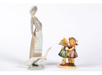 Lladro Figure Girl With Two Geese And Goebel Hummel #196 Telling Her Secret