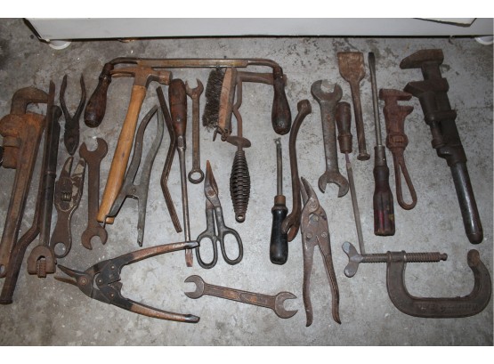 Vintage Assortment Of Hand Tools, Pipe Wrenches, C Clamps, Wrenches And More.....