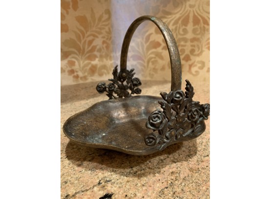 Italian Metal Floral Decorated Oval Basket  With Handle