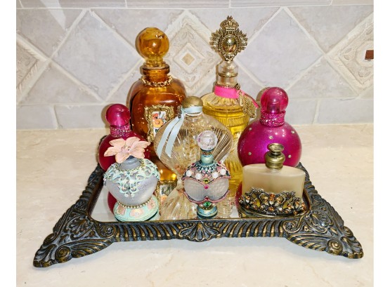 Mirrored Dresser Tray & Eight Pretty Perfume Bottles