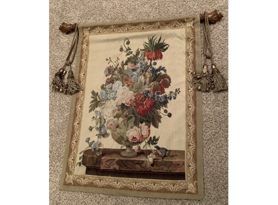 Wonderful Floral Wall Tapestry On A Carved Wooden Rod