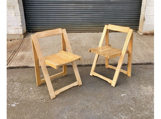 Pair Of Mid Century Wood Slat Folding Chairs In The Style Of Aldo Jacober