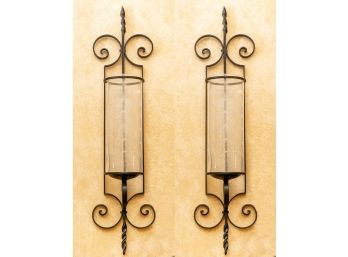 Pair Of Wrought Iron Candle Sconces With Etched Leaf Design Glass Inserts