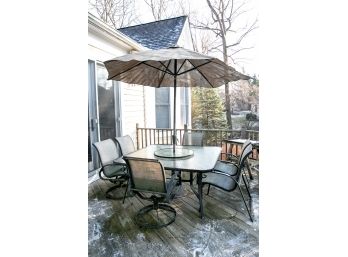 Outdoor Patio Table With Umbrella + Six Chairs