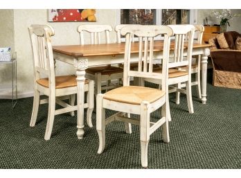 Knotty Pine Wood Dining Table Plus Six Dining Chairs With Rush Seats