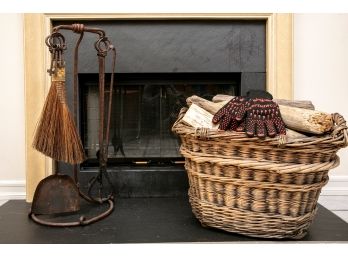 Wrought Iron Fireplace Tool Set + Basket Of Wood
