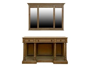Distressed Painted Wood Console With Fluted Columns And Matching Three Panel Mirror