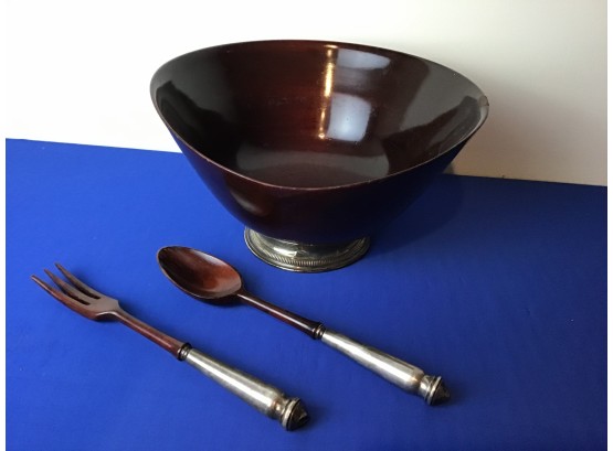 Mid Century Bowl & Utensils With Sterling Silver Features