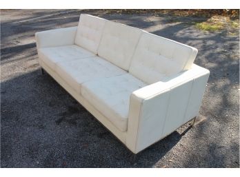 White Tufted Leather Sofa, FLORENCE KNOLL Style, Mid Century Modern