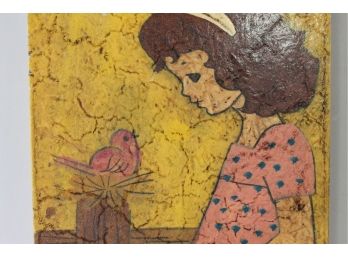 Beatifully Framed Vintage Girl + Bird Painting!