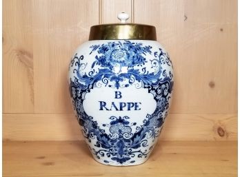 Large 19th Century Delft Blue And White Tobacco Jar With Brass Lid