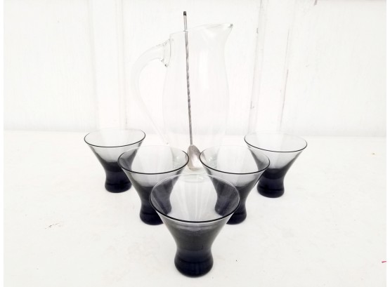 Vintage Smoked Glass Martini Glasses And Cocktail Pitcher