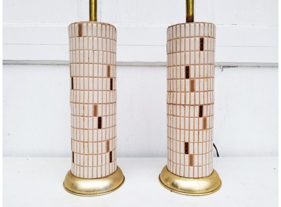 Stunning Mid Century Modern 1970's Brass And Mosaic Tile Lamps