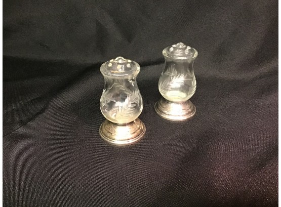 Sterling Silver And Etched Glass Salt And Pepper Shakers