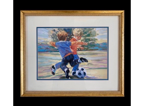 Framed Print Of Children Playing Soccer By Corinne Hartley