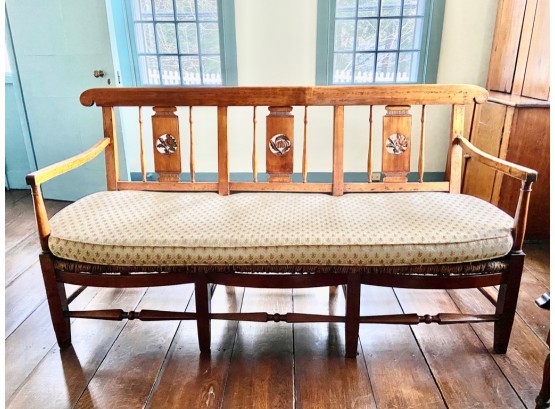 Intricately Carved Vintage French Rattan-seat Bench With Cushion