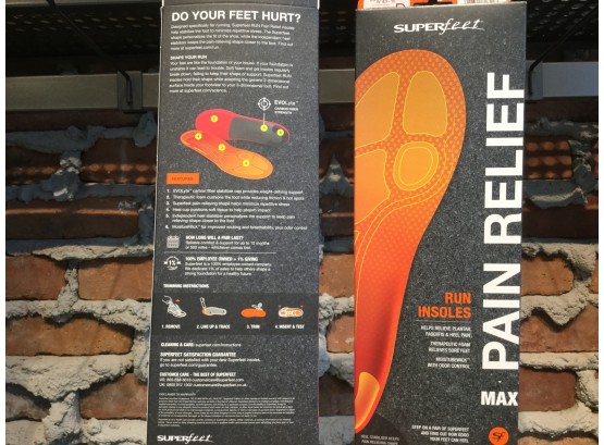 (2) Pairs Superfeet RUN Pain Relief MAX Insoles Size E: W 10.5-12 Or M 9.5-11, Retail $119.90