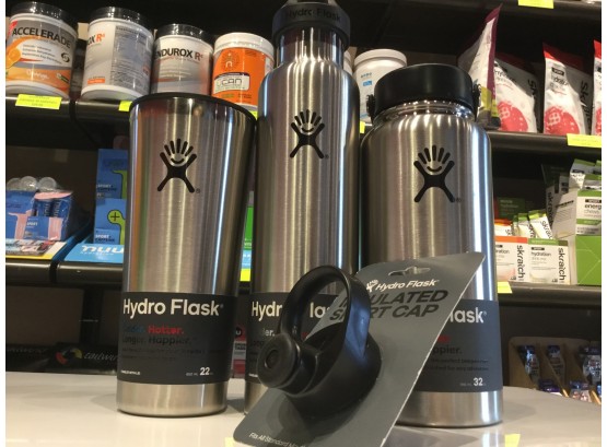 (3) Hydro Flasks, Stainless, 32oz Wide Mouth, 22oz Tumbler, And 24oz Standard W/Sport Cap, Retail  106.96