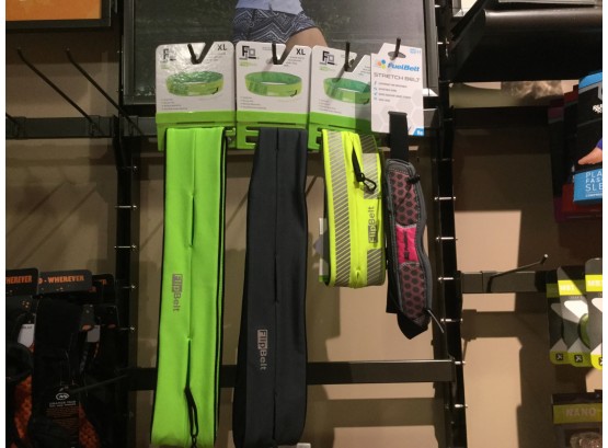 (4) 3 Flip Belts, XL: 35”-38”, Neon Green, Carbon, Yellow Reflective, 1 FuelBelt Helium Unisex, Retail 106.96