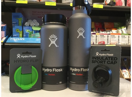 (2) Hydro Flasks, Graphite, 40oz Wide Mouth, 24oz Standard W/Sport Cap, Kiwi Hydro Flip Retail  81.92