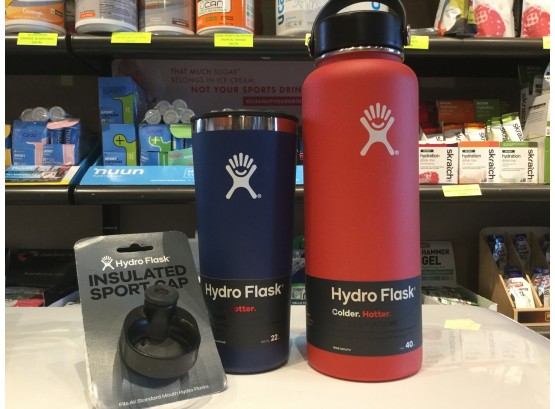 (2) Hydro Flasks, Red 40oz Wide Mouth, Cobalt 22oz Tumbler, Standard Sport Cap, Retail  79.97