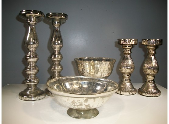 Beautiful Six (6) Piece Mercury Glass Lot Two Pair Candlesticks, Two Compotes - Nice Home Decor