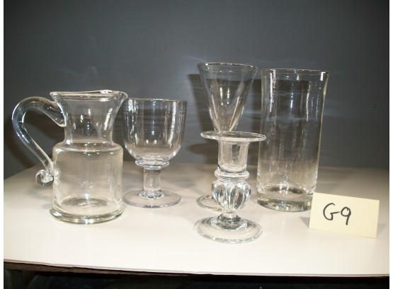 Fantastic Five (5) Piece Assorted SIMON PEARCE Lot - Pitcher, Candle Holder, Vase, Asst Size Glasses