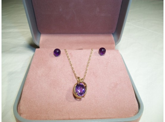Fabulous 14KT Gold 16' Necklace & Earrings W/Amethysts - Beautiful Deep Color - Gorgeous !