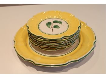 Great Set Of 6 Hand Painted Dessert Plates + Matching Cake Plate. Made In Italy