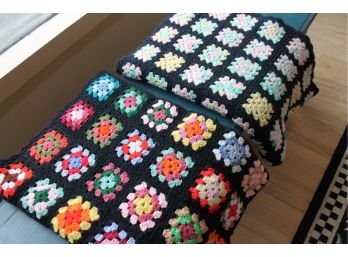 Great Pair Of Vintage, HANDMADE MULTICOLOR AFGHANS With Black Border Throws Or Blankets