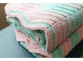 Pair Of HANDMADE Pink & Green AFGHANS Throws Or Blankets! Gorgeous!