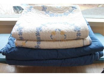 Lot Of 2 Vintage Twin LL BEAN COMFORTERS + A Pair Of Vintage Twin Blue + White Quilts