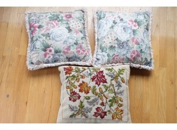 Lot Of 3 Floral Pillows, Includes 1 Pair Of Fringed Pillows + 1 Needlepoint