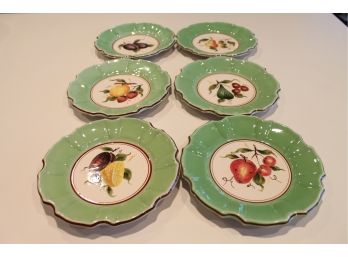 Gorgeous Set Of 6 Green Hand Painted Fruit Plates. Made In Italy