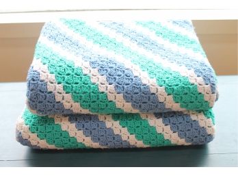 Amazing Pair Of  Hand Crocheted Afghan Throw Blankets In Blue, Green & White!