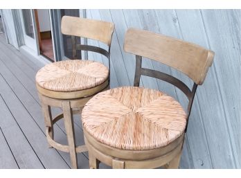Awesome Set Of 2 Swivelling Wood + Rope Bar Stools By BALLARD DESIGNS!