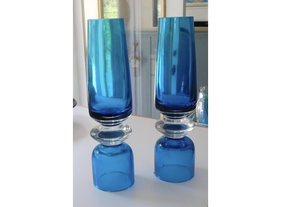 Pair Of Blue Waterford Marquis Vase Candle Holders