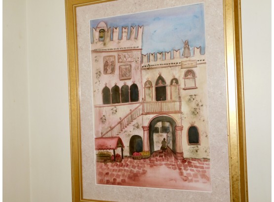 Signed European Castle Scene Watercolor Painting