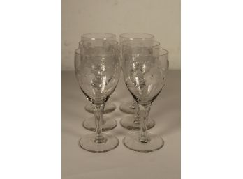 Vintage Etched Glass Floral Pattern Wine Glasses  Set Of 6