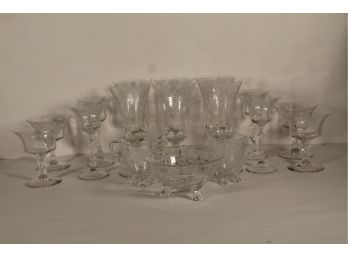 Vintage 18 Piece Etch Glass Set W Footed Cream And Sugar