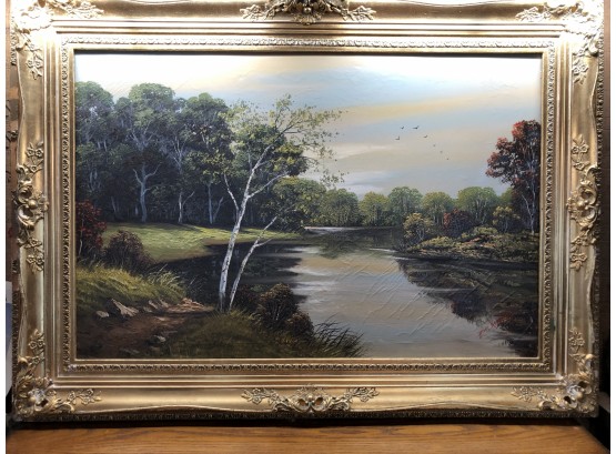 Vintage Beautiful Oil Painting Of Wooded River Scene On Canvas With Antique Frame