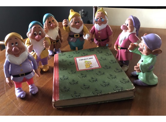 Vintage Disney Vinyl Hard Plastic Rubber Seven Dwarf 6' Toys Made In Thailand & Fantasyland Book