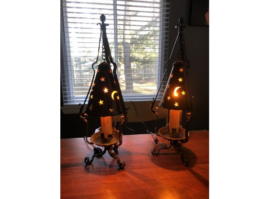 Vintage Pair Of Metal Decorative Moon & Star Lamps