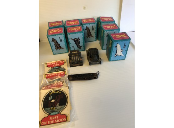 Vintage Lot Of Die Cast Miniature Pencil Sharpeners, Apollo 11 First On The Moon Decals And Pocket Knife