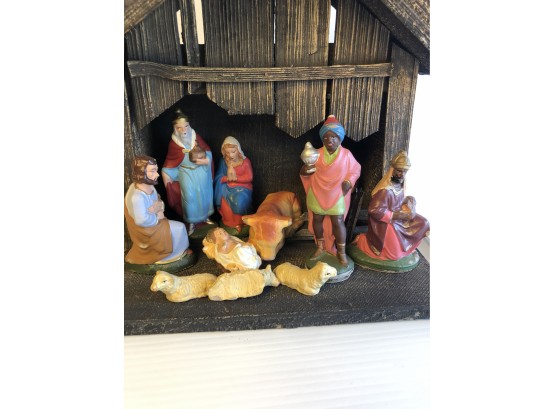 Vintage Wood Nativity Scene With Ceramic Clay  Religious Figures & Animals