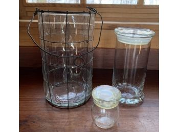 Glass Jar Wrapped In Wire And Two Glass Jars With Lids
