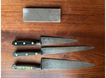Three Antique Kitchen Knives And Sharpening Stone